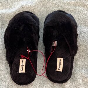 dearfoams Black Faux Fur Quilted Slide Slippers